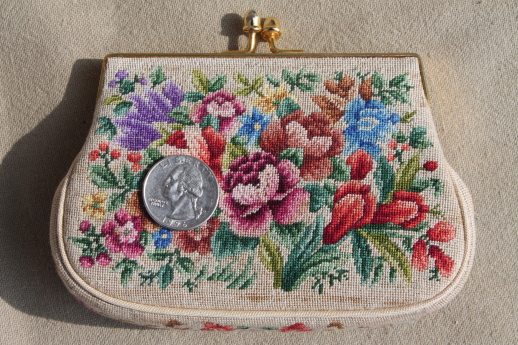 vintage 50s petit point handbag 1950s 1960s midcentury floral tapestry embroidered evening bag romantic Victorian style purse
