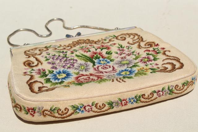 vintage petit point needlepoint tapestry purse, evening bag w/ embroidered floral