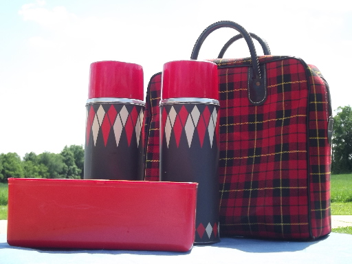 vintage picnic set, red tartanware tote, sandwich carrier, thermos