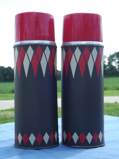 Vintage picnic set, red tartanware tote, sandwich carrier, thermos