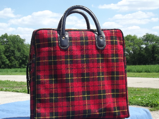 vintage picnic set, red tartanware tote, sandwich carrier, thermos