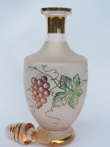 Vintage pink frosted satin glass wine decanter bottle, grapes and gold