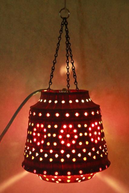 vintage pink plastic flower pot swag lamp w/ beads, retro hanging lantern light