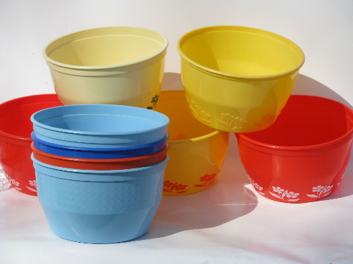Vintage Margarine Bowls, Set of Plastic Margarine Tubs, Red Flower Bowl Set,  Mid Century Kitchen 