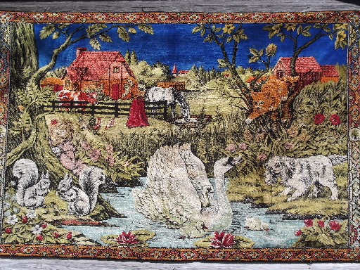 Vintage plush wall hanging tapestry rug, peasant scene w/ farm animals