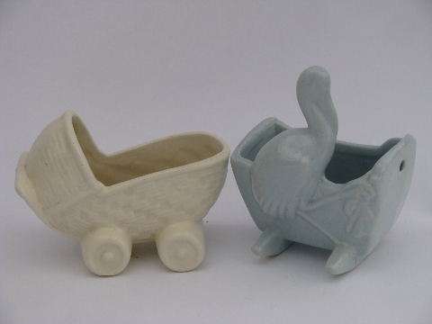 Vintage pottery planters, baby buggy & stork cradle, mod matte blue & ivory