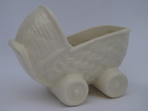 Vintage pottery planters, baby buggy & stork cradle, mod matte blue & ivory