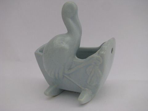 Vintage pottery planters, baby buggy & stork cradle, mod matte blue & ivory