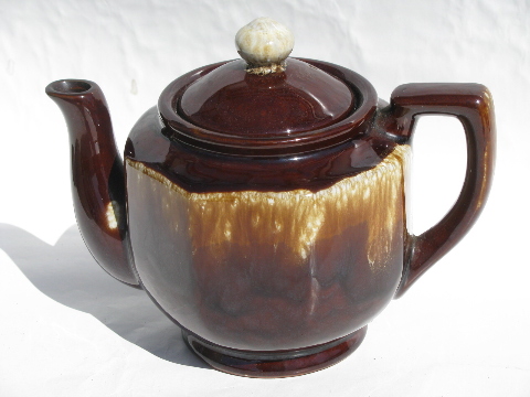Vintage pottery teapot lot, brown drip tea pots, plain English tea pot