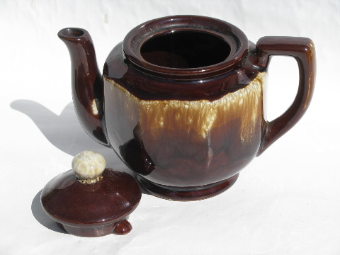 Vintage pottery teapot lot, brown drip tea pots, plain English tea pot