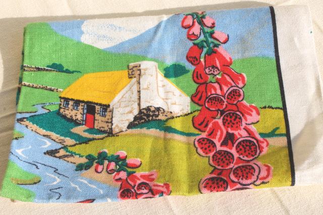 vintage print linen tea towel w/ Irish leprechauns, rainbow gnomes on toadstool mushrooms