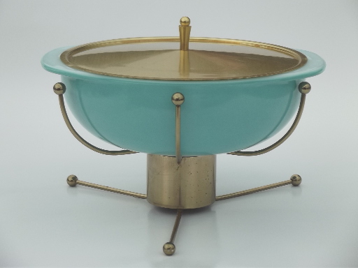 Vintage Pyrex atomic warming stand & aqua glass chafing dish casserole