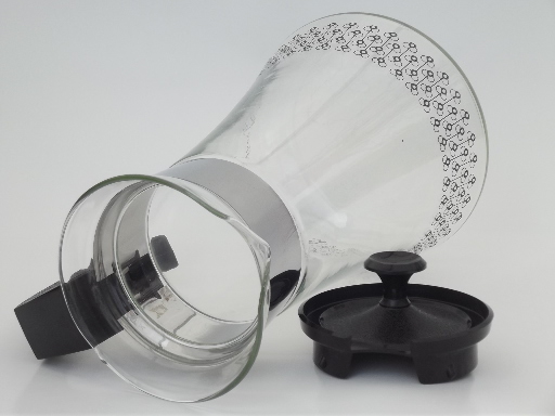Vintage Pyrex glass coffee carafe in mod black print w/ warmer stand