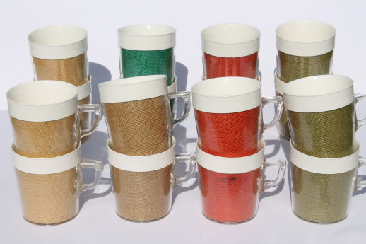 Vintage raffia ware colored burlap melamine insulated picnic mugs & glasses