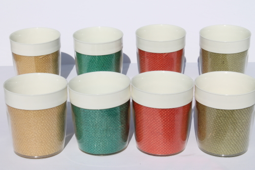 Vintage raffia ware colored burlap melamine insulated picnic mugs & glasses
