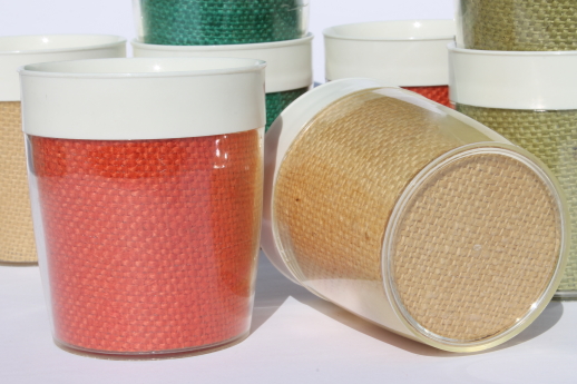 Vintage raffia ware colored burlap melamine insulated picnic mugs & glasses