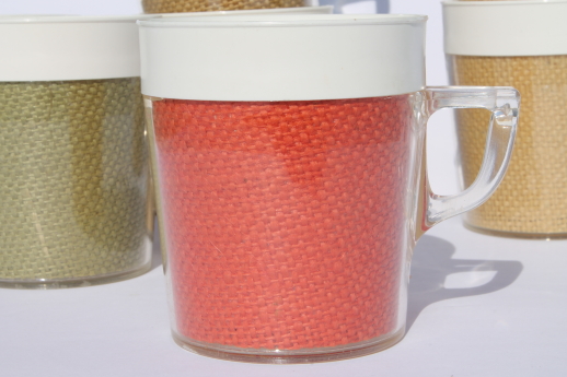 Vintage raffia ware colored burlap melamine insulated picnic mugs & glasses