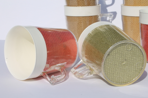 Vintage raffia ware colored burlap melamine insulated picnic mugs & glasses