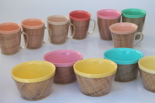 Vintage raffiaware burlap therm-o-ware insulated plastic dishes in retro tiki pastels