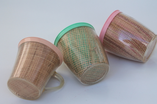 Vintage raffiaware burlap therm-o-ware insulated plastic dishes in retro tiki pastels