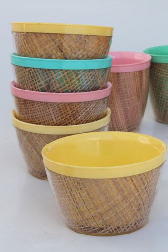 Vintage raffiaware burlap therm-o-ware insulated plastic dishes in retro tiki pastels