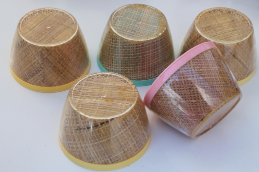 Vintage raffiaware burlap therm-o-ware insulated plastic dishes in retro tiki pastels