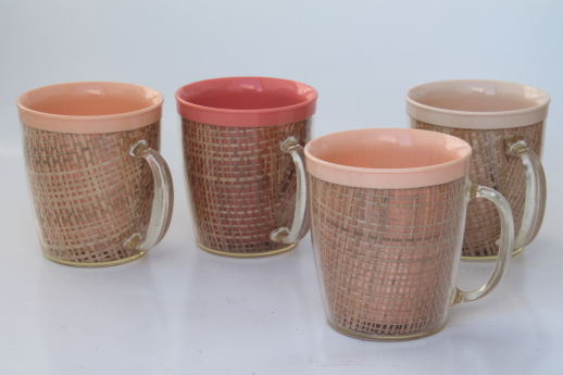 Vintage raffiaware burlap therm-o-ware insulated plastic dishes in retro tiki pastels