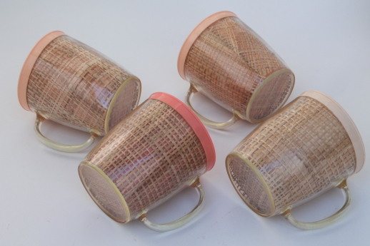 Vintage raffiaware burlap therm-o-ware insulated plastic dishes in retro tiki pastels