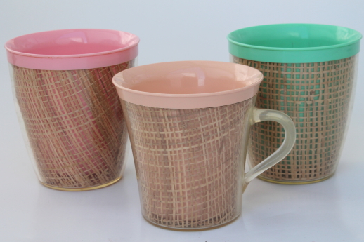 Vintage raffiaware burlap therm-o-ware insulated plastic dishes in retro tiki pastels