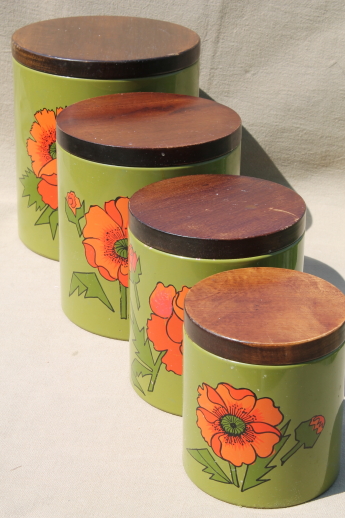 Vintage Ransburg kitchen canisters set, red poppies on olive green, 60s - 70s retro!