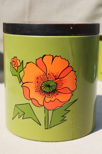 Vintage Ransburg kitchen canisters set, red poppies on olive green, 60s - 70s retro!