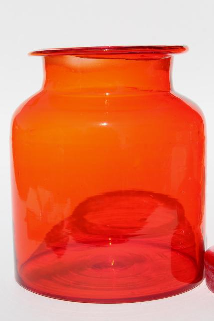vintage red & amber colored glass canister jars, mod apothecary bottle candy canisters