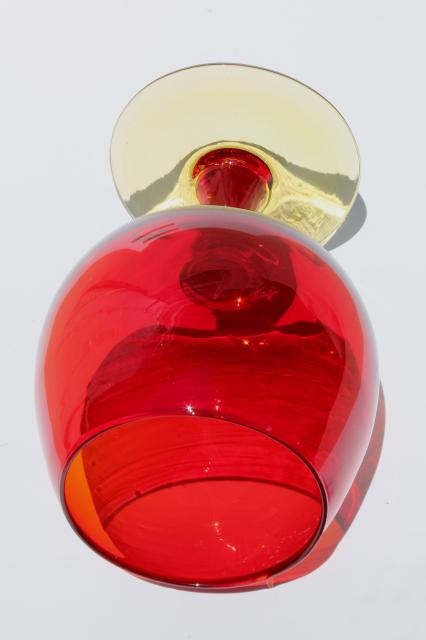 vintage red orange amberina art glass vase, big brandy snifter glass fish bowl shape