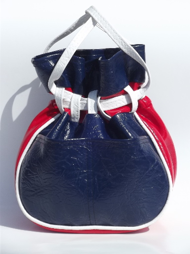 Vintage red white & blue purse, retro boho drawstring pouch handbag