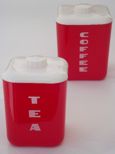 Vintage red & white Lustro Ware plastic canisters for Tea and Coffee