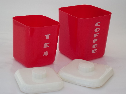 Vintage red & white Lustro Ware plastic canisters for Tea and Coffee