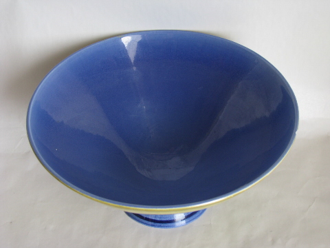 Vintage Red Wing pottery bowl, striped blue & green, mod flared shape