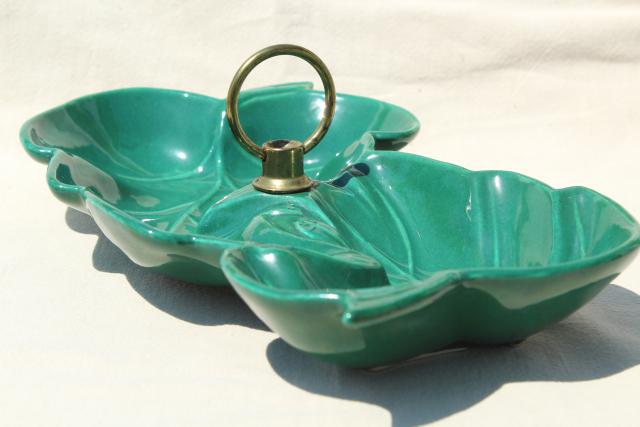 vintage relish tray w/ handle, mid-century mod ceramic divided dish, jungle green tropical leaf bowl