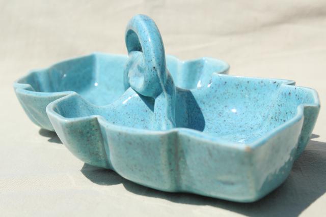 vintage relish tray w/ handle, mid-century mod ceramic divided dish, tropical leaf bowl in aqua