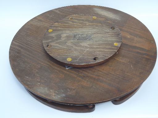 Vintage retro wood lazy susan turntable serving tray w/ gallery rail rim