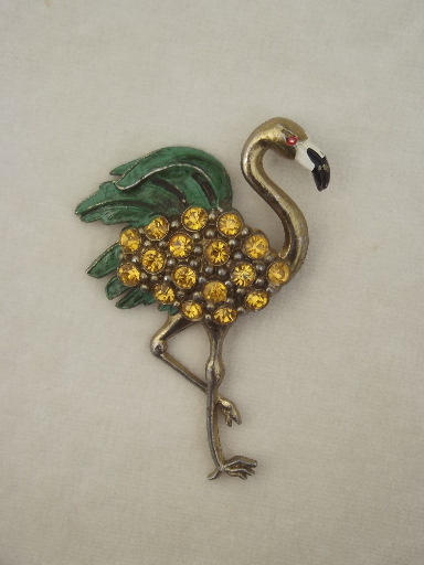 Vintage rhinestone flamingo pin, retro 50s 60s costume jewelry brooch