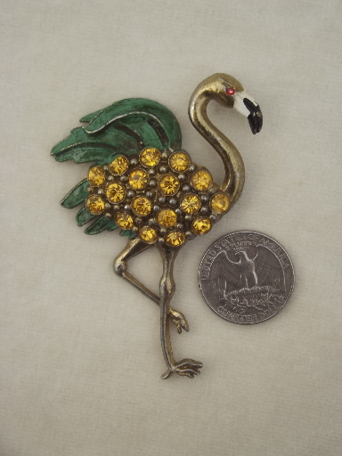 Vintage rhinestone flamingo pin, retro 50s 60s costume jewelry brooch