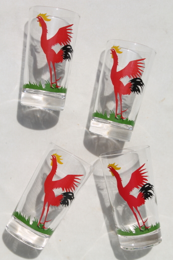 Vintage rooster print drinking glasses, mid-century mod highball glasses tall tumblers