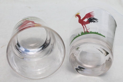 Vintage rooster print drinking glasses, mid-century mod low ball old fashioned glasses