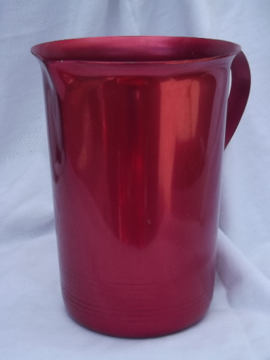 Vintage ruby red  anodized color pitcher, mid-century spun aluminum