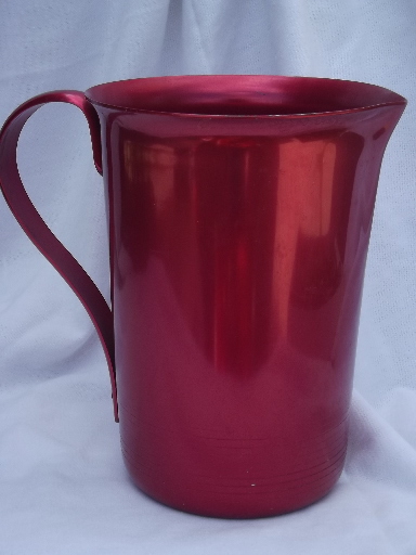 Vintage ruby red  anodized color pitcher, mid-century spun aluminum