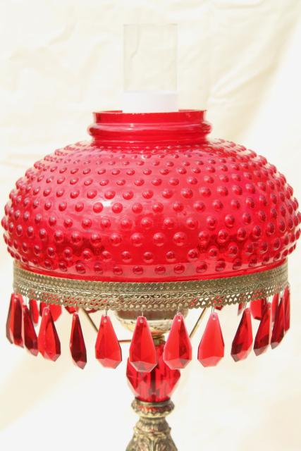 vintage ruby red glass hobnail shade table lamp w/ lucite plastic prisms