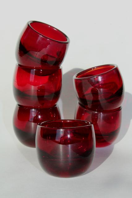 Set of six vintage ruby red elegant glass bowls or liqueur glasses, about 1...