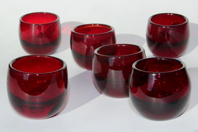 vintage ruby red glass salt dip dishes or shot glasses, tiny deco moderne bowls