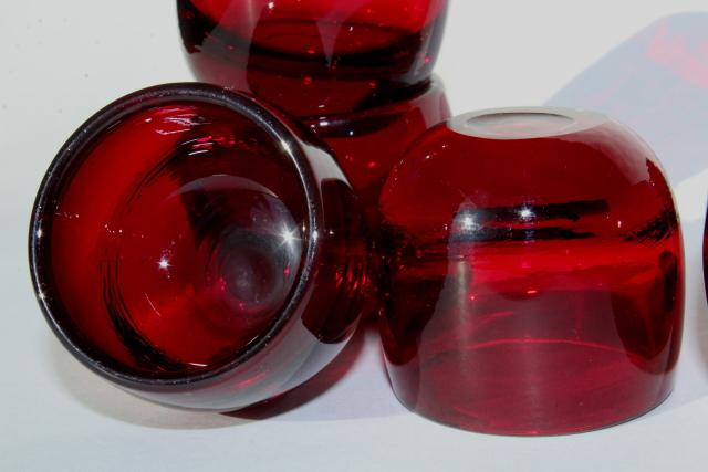 vintage ruby red glass salt dip dishes or shot glasses, tiny deco moderne bowls